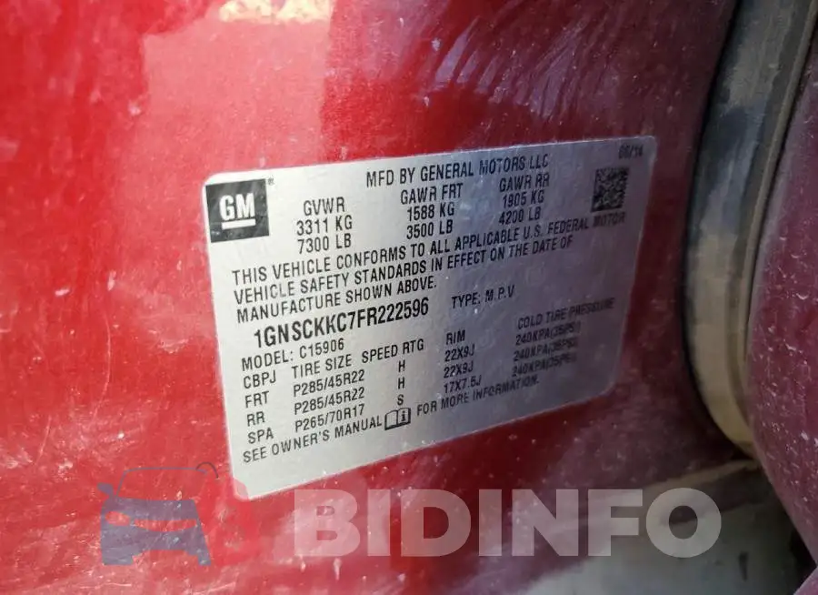 1GNSCKKC7FR222596 Photo# 13