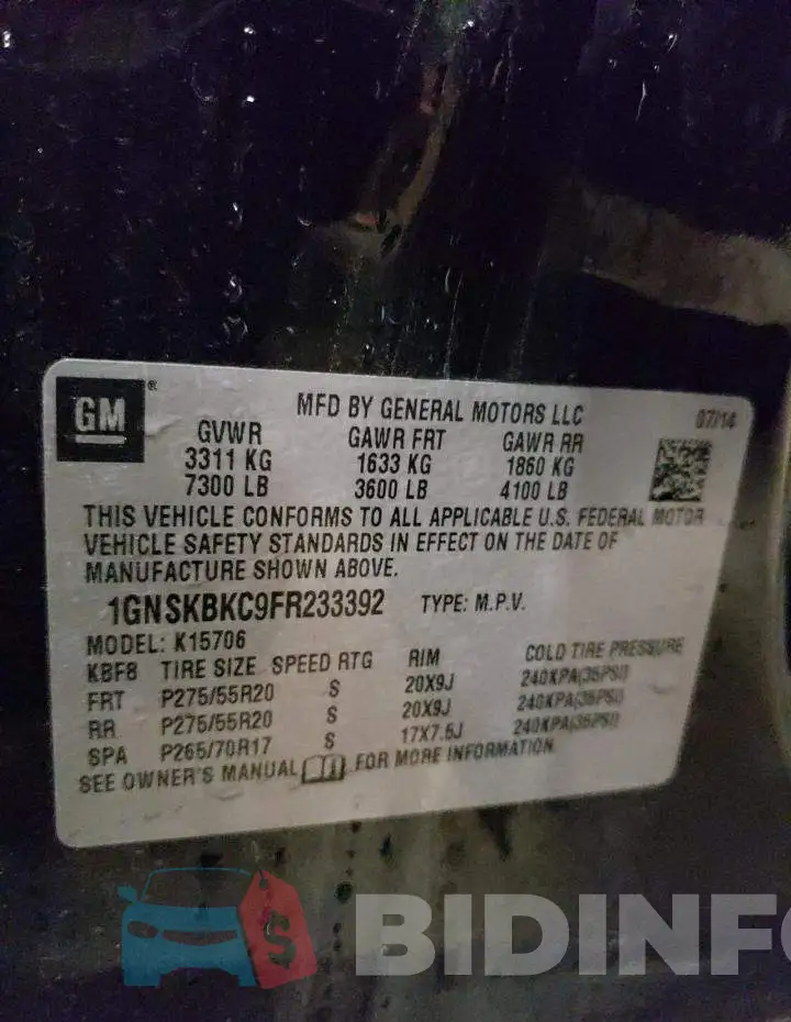1GNSKBKC9FR233392 Photo# 13