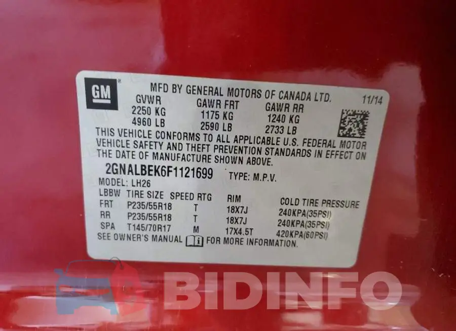 2GNALBEK6F1121699 Photo# 12