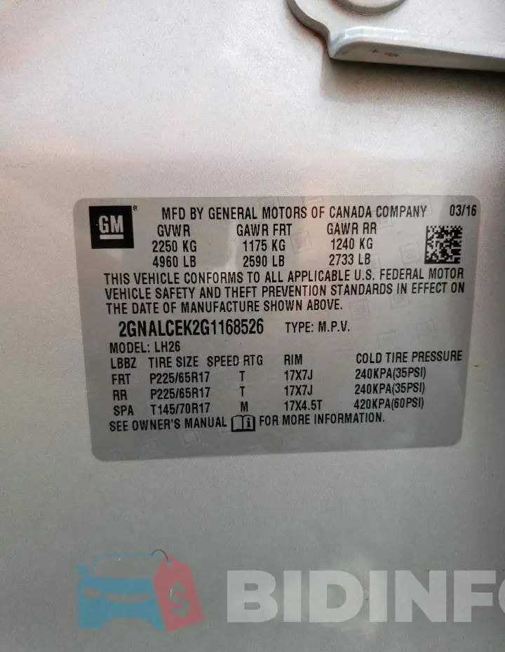 2GNALCEK2G1168526 Photo# 14