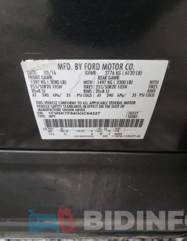 1FM5K7F84GGC64227 Photo# 13