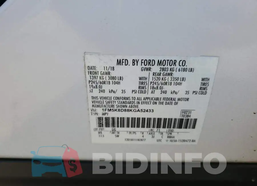 1FM5K8D88KGA52433 Photo# 13