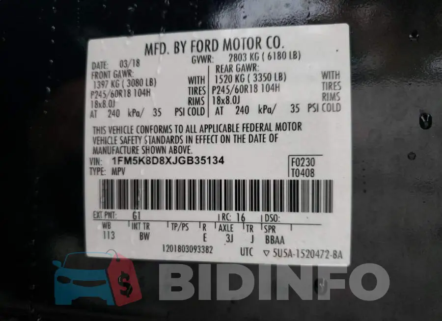 1FM5K8D8XJGB35134 Photo# 13