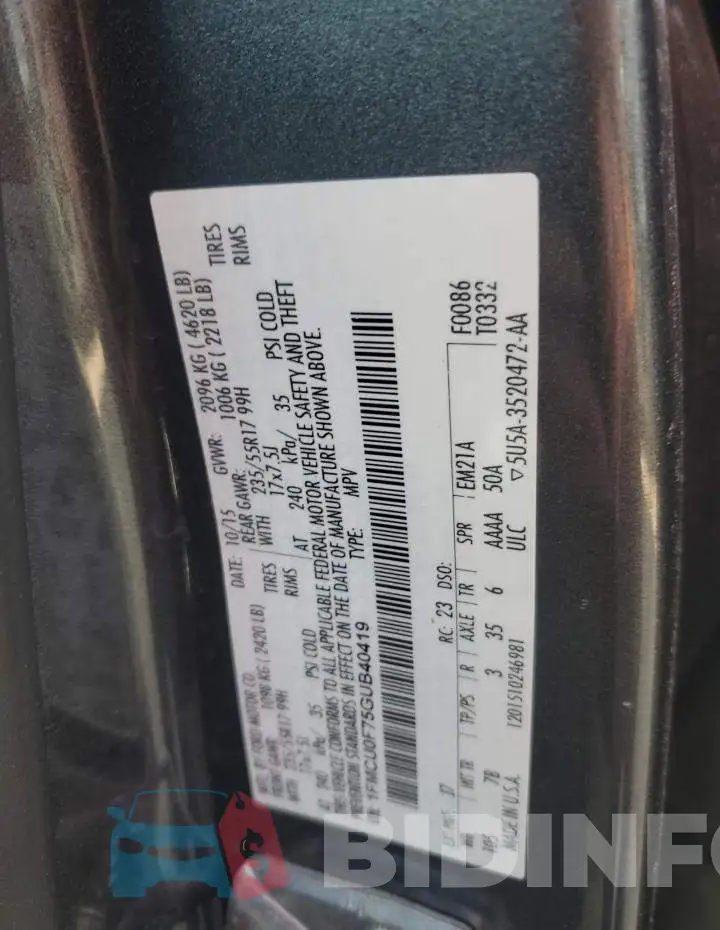 1FMCU0F75GUB40419 Photo# 13