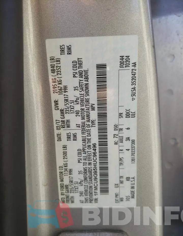 1FMCU9G95HUC96496 Photo# 12