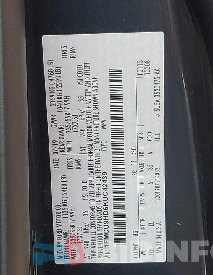 1FMCU9HD6KUC42439 Photo# 12