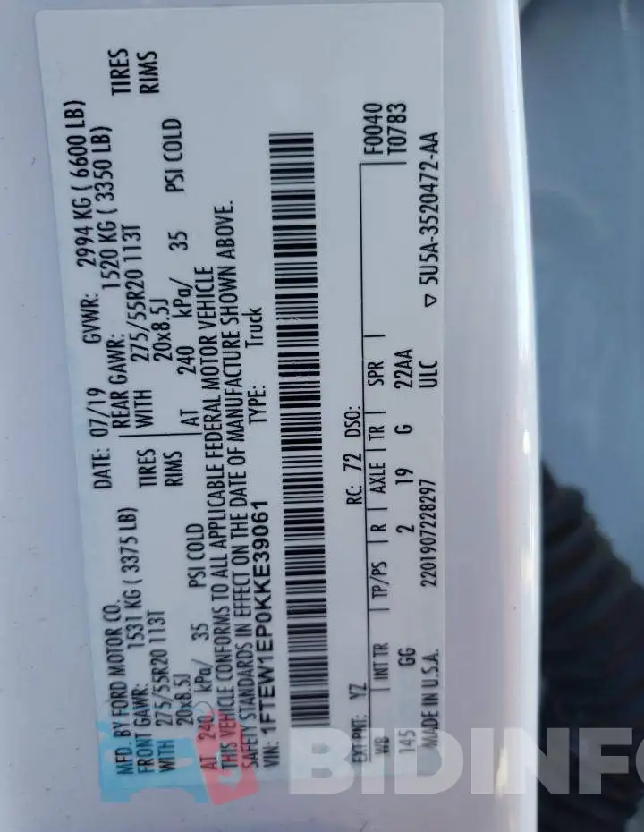 1FTEW1EP0KKE39061 Photo# 13