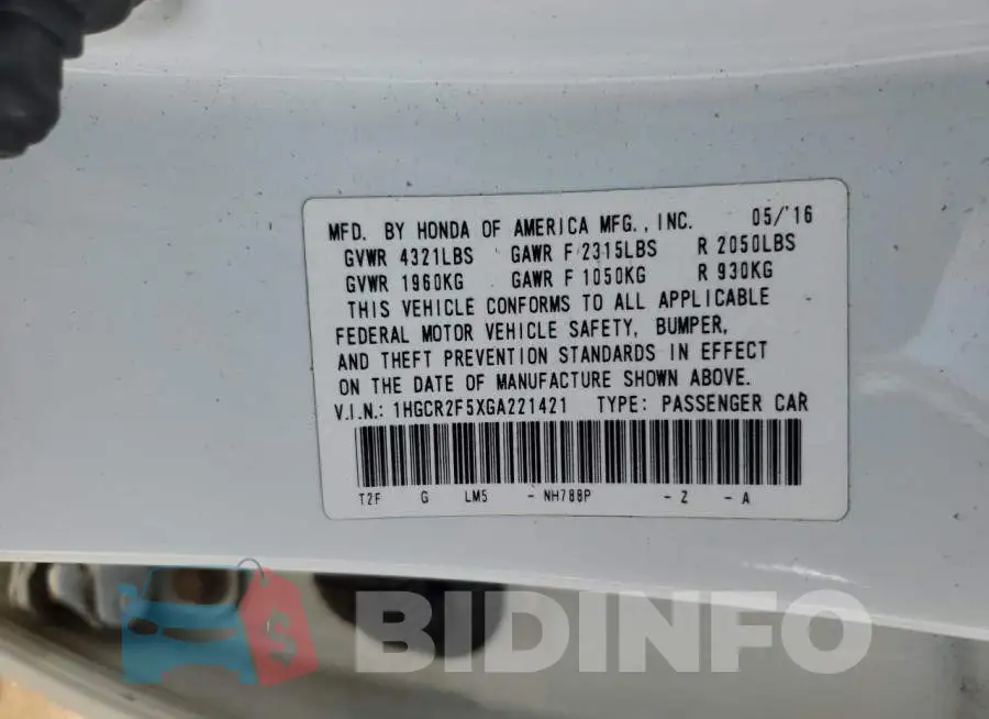 1HGCR2F5XGA221421 Photo# 12