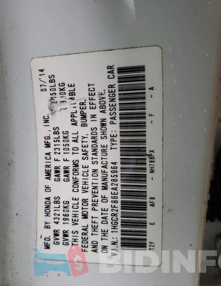 1HGCR2F86EA285964 Photo# 12