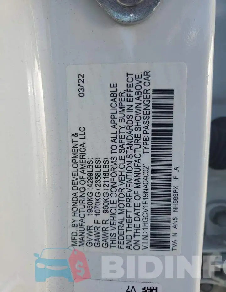 1HGCV1F19NA040021 Photo# 12