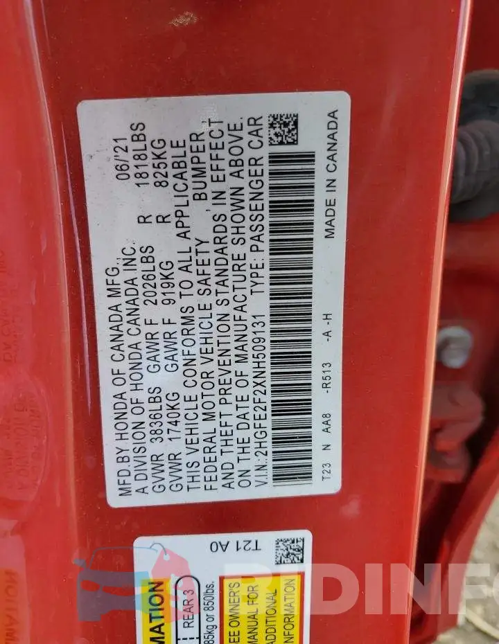 2HGFE2F2XNH509131 Photo# 13