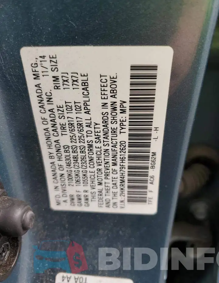 2HKRM4H79FH612620 Photo# 14