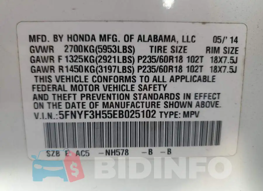 5FNYF3H55EB025102 Photo# 13