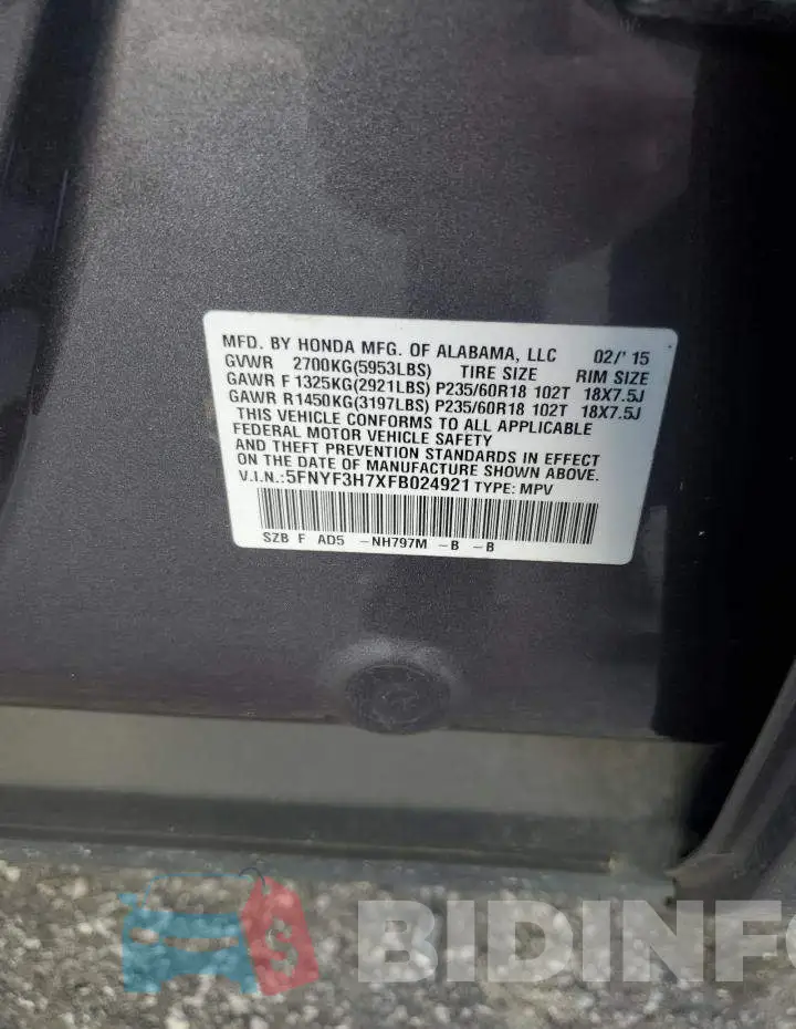 5FNYF3H7XFB024921 Photo# 12