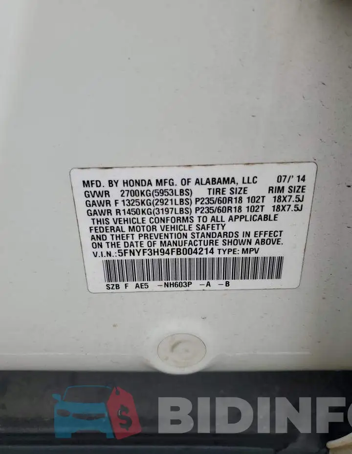 5FNYF3H94FB004214 Photo# 14