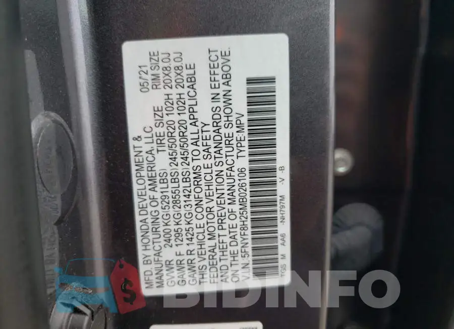 5FNYF8H25MB026106 Photo# 12