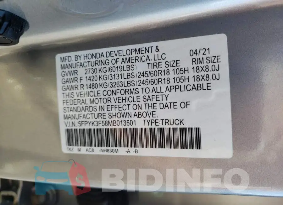 5FPYK3F58MB013501 Photo# 12