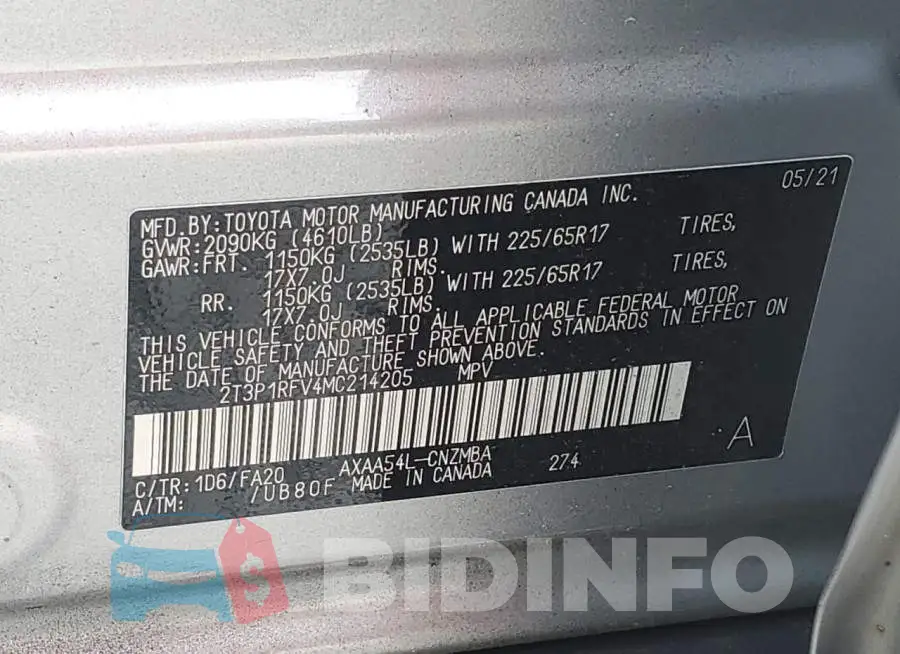 2T3P1RFV4MC214205 Photo# 13