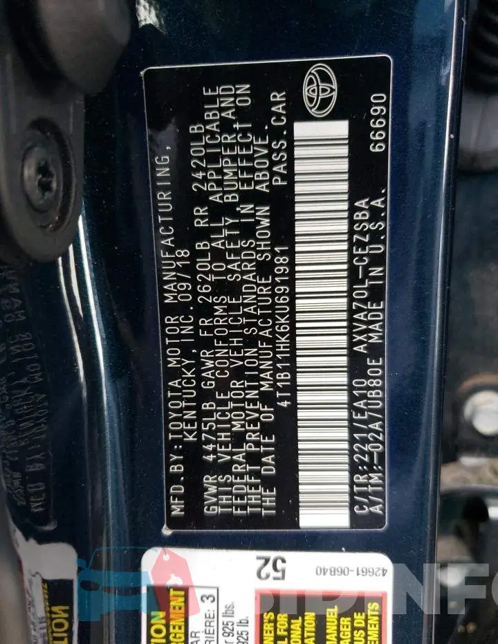 4T1B11HK6KU691981 Photo# 12