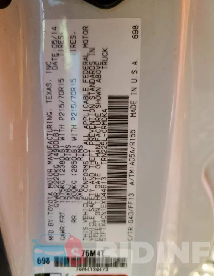 5TFTX4CN1EX044613 Photo# 13