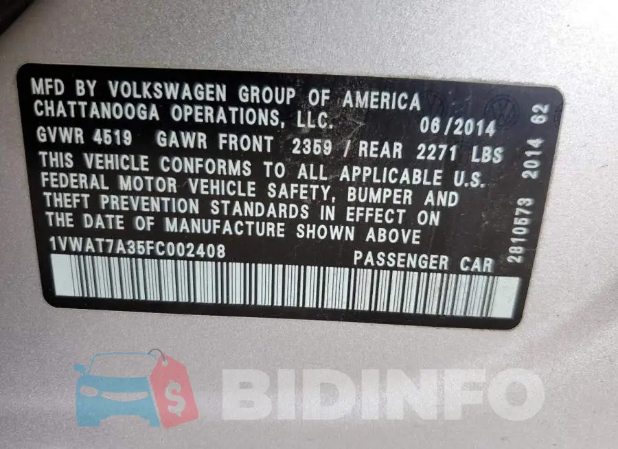 1VWAT7A35FC002408 Photo# 12