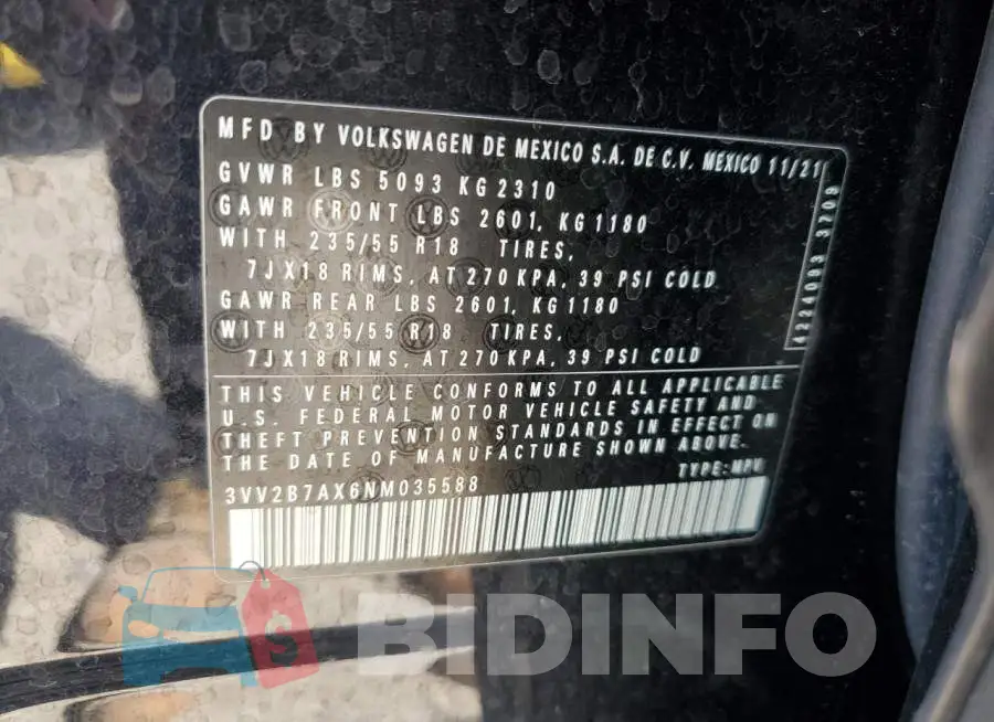 3VV2B7AX6NM035588 Photo# 12