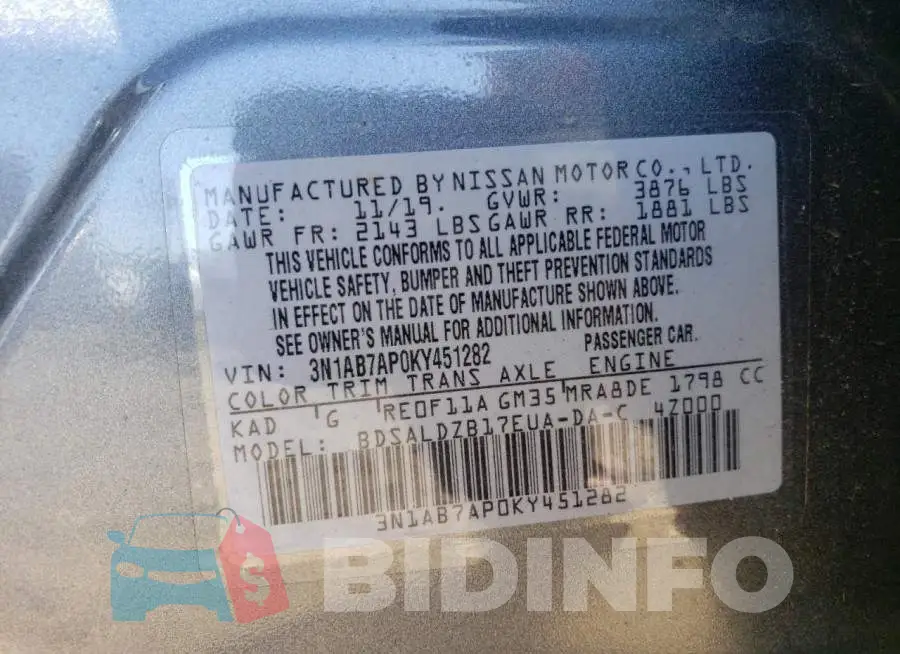 3N1AB7AP0KY451282 Photo# 12