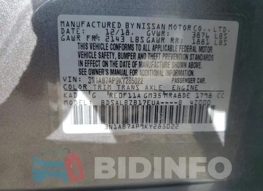 3N1AB7AP9KY285022 Photo# 12