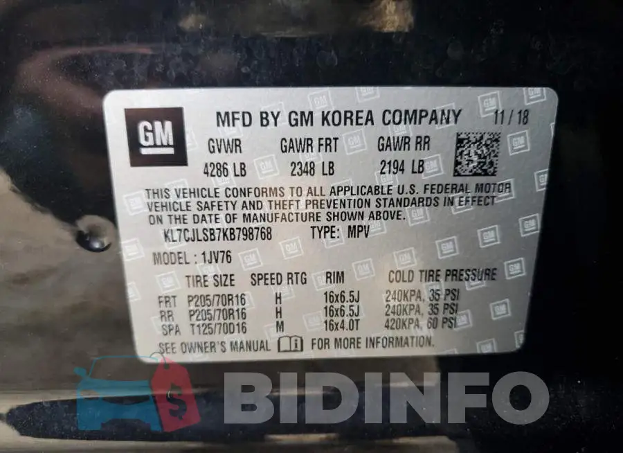 KL7CJLSB7KB798768 Photo# 12