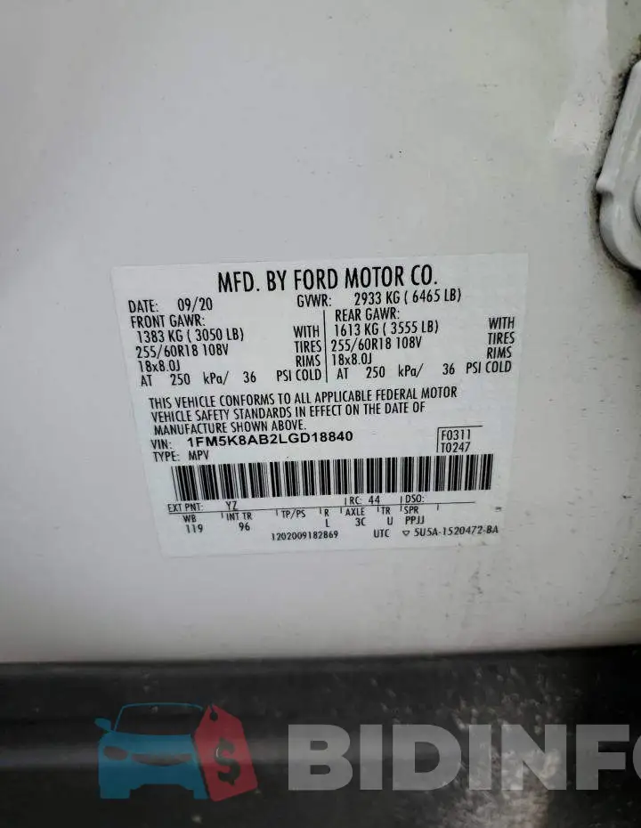 1FM5K8AB2LGD18840 Photo# 13
