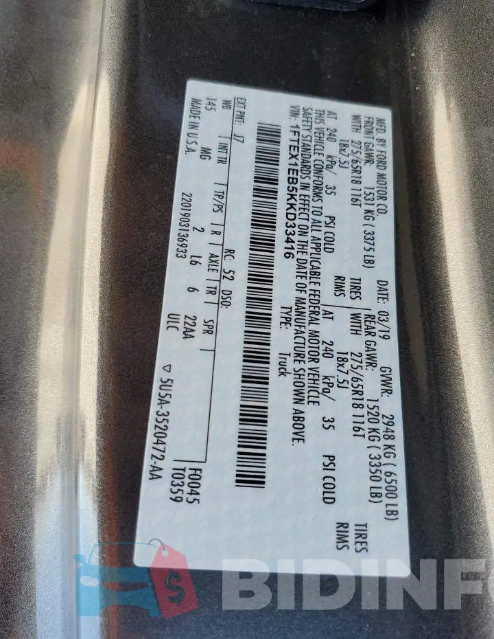 1FTEX1EB5KKD33416 Photo# 12