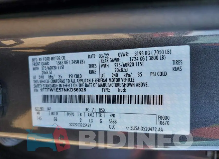 1FTFW1E57NKD56928 Photo# 12