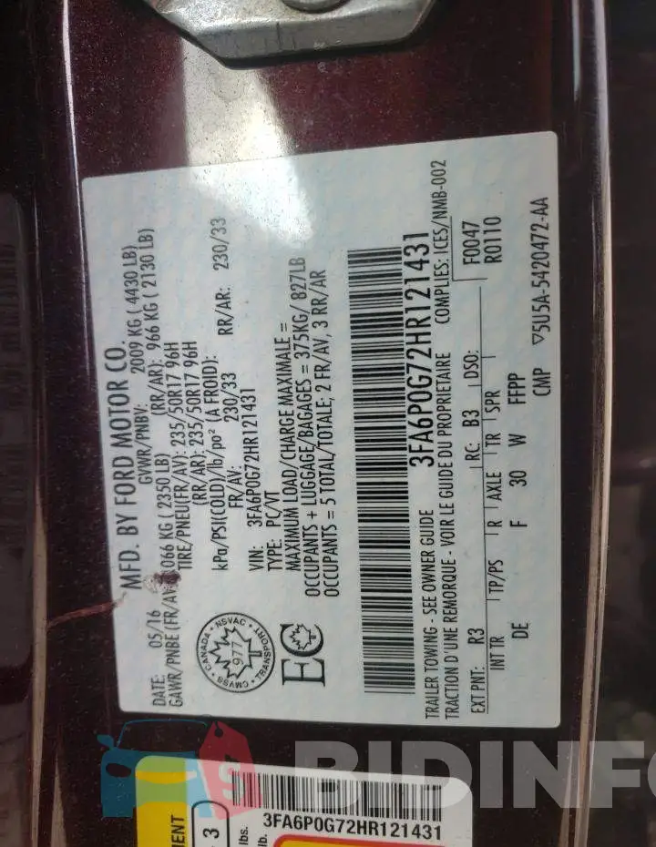 3FA6P0G72HR121431 Photo# 12