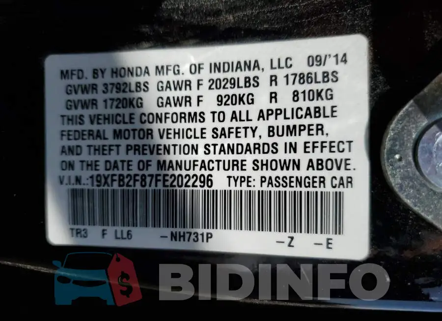 19XFB2F87FE202296 Photo# 13
