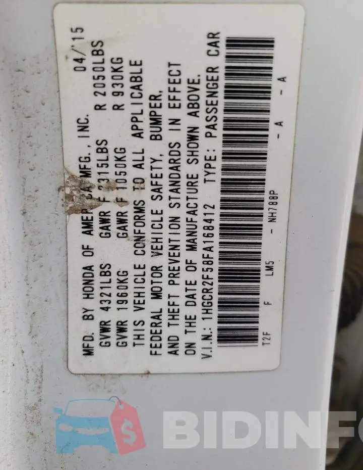 1HGCR2F58FA168412 Photo# 12
