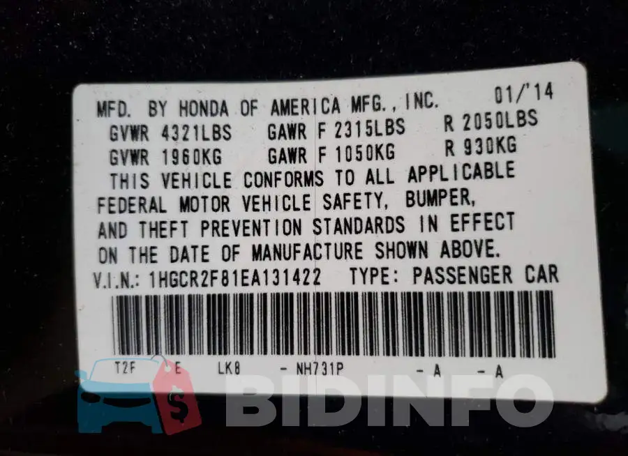 1HGCR2F81EA131422 Photo# 13
