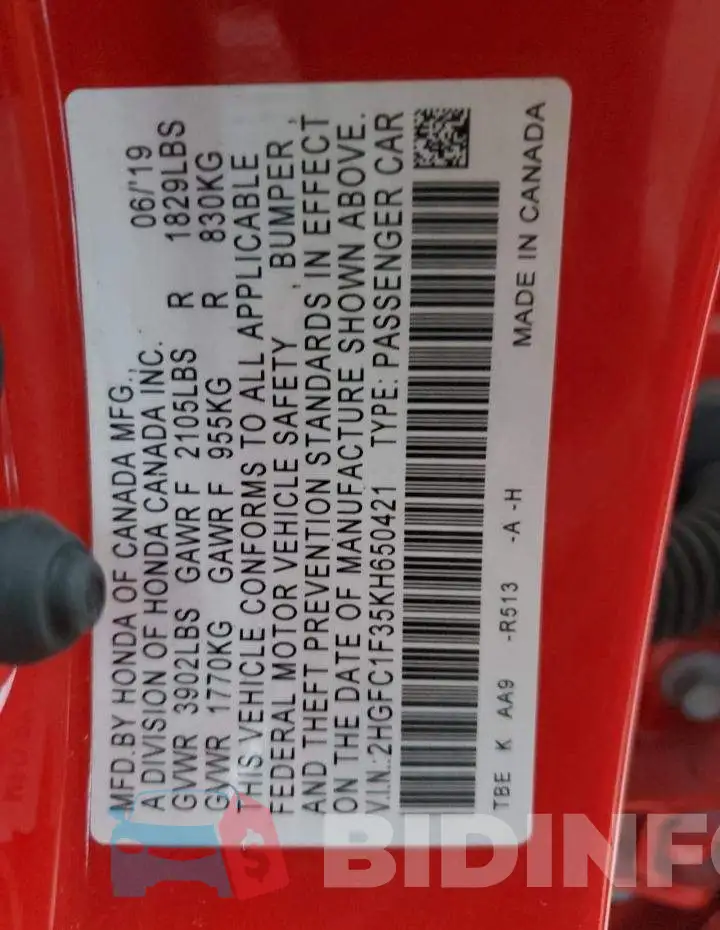 2HGFC1F35KH650421 Photo# 12
