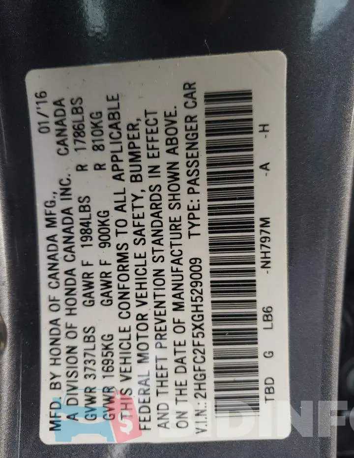 2HGFC2F5XGH529009 Photo# 13