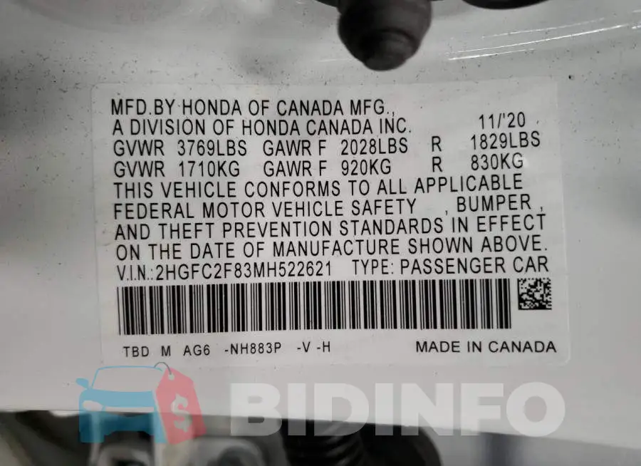 2HGFC2F83MH522621 Photo# 13