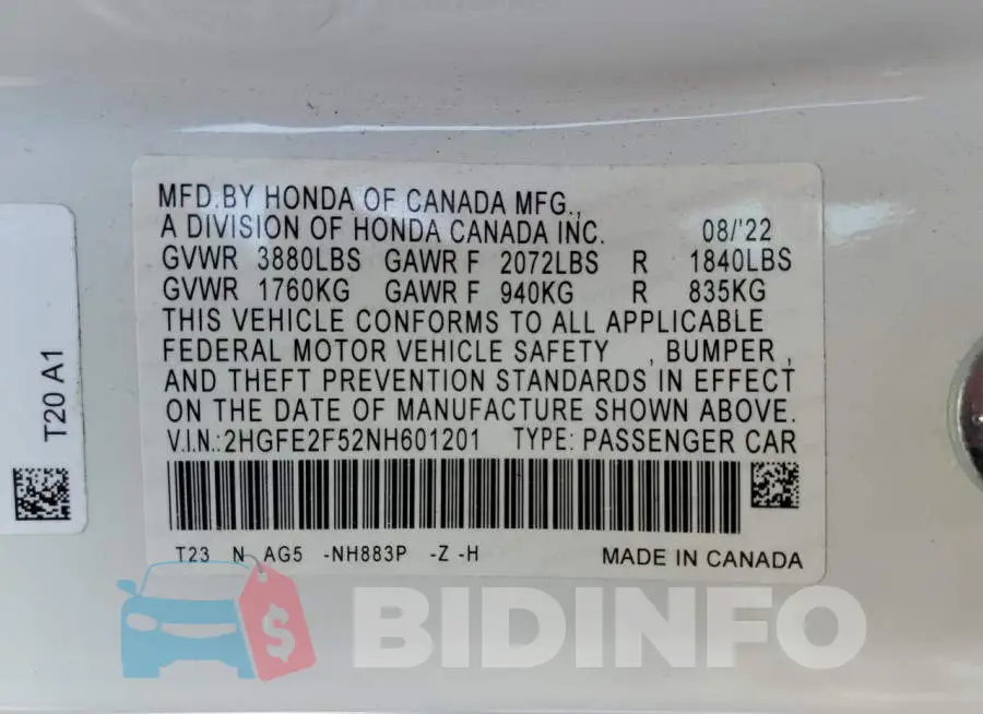 2HGFE2F52NH601201 Photo# 12