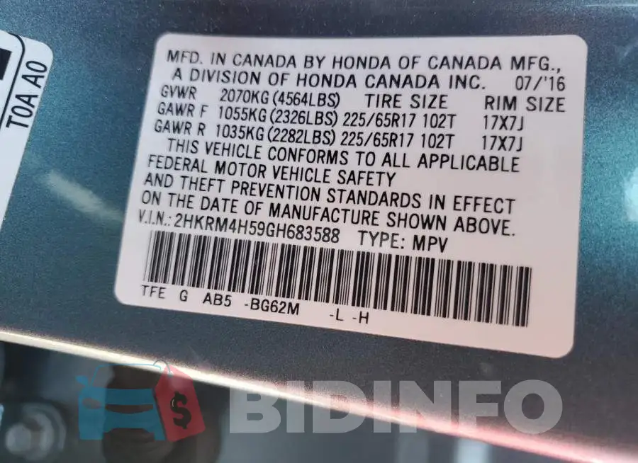 2HKRM4H59GH683588 Photo# 13