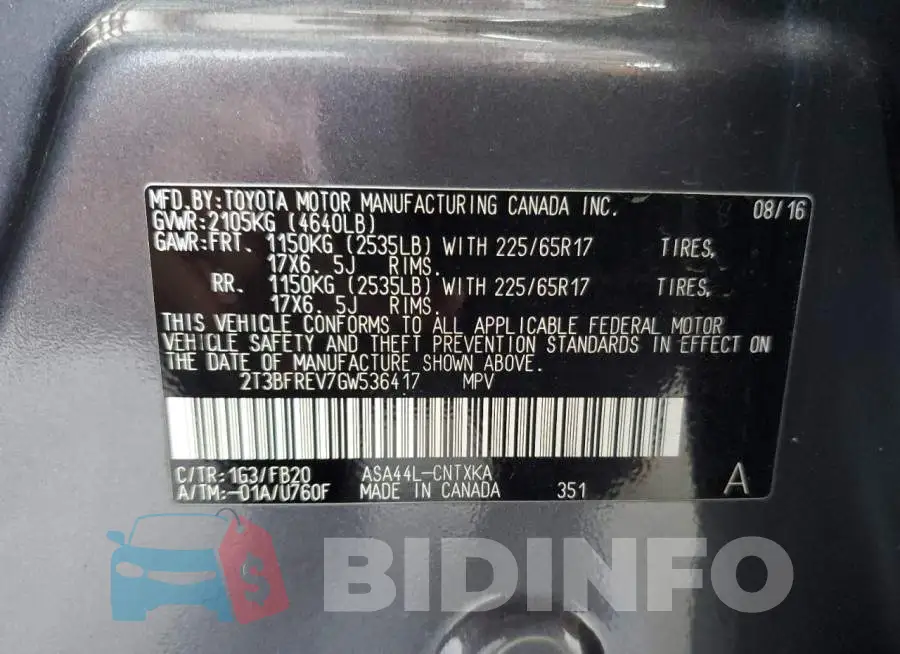 2T3BFREV7GW536417 Photo# 14
