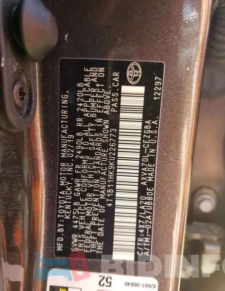 4T1B11HK9KU226773 Photo# 12