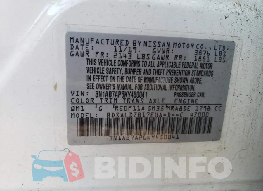 3N1AB7AP6KY450041 Photo# 12