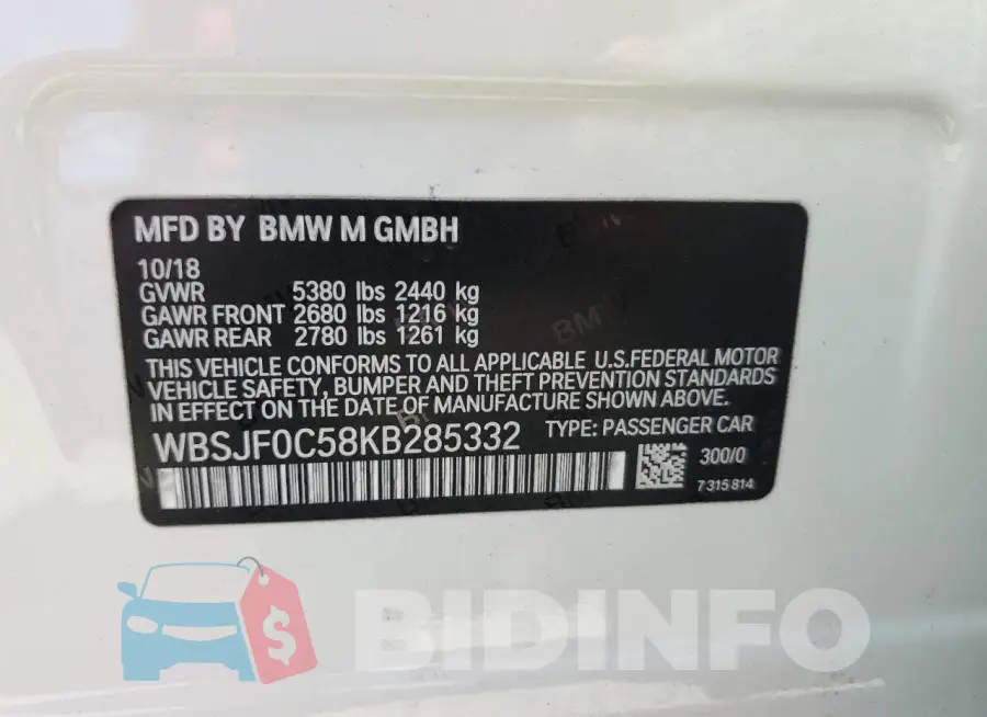 WBSJF0C58KB285332 Photo# 12