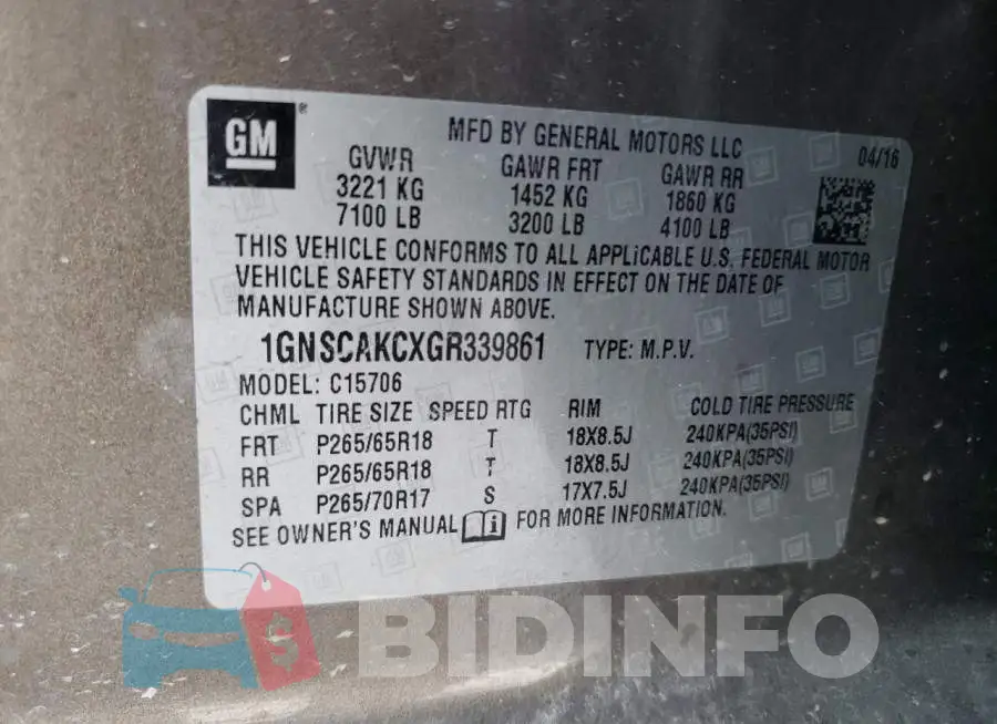 1GNSCAKCXGR339861 Photo# 14