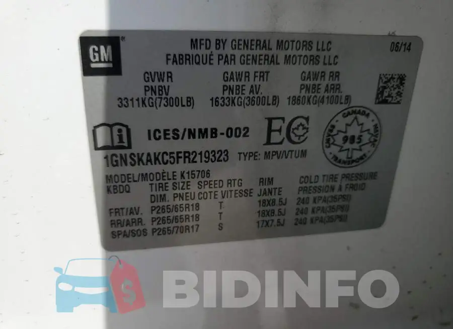 1GNSKAKC5FR219323 Photo# 13