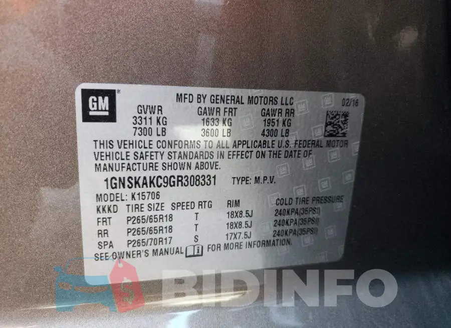 1GNSKAKC9GR308331 Photo# 13