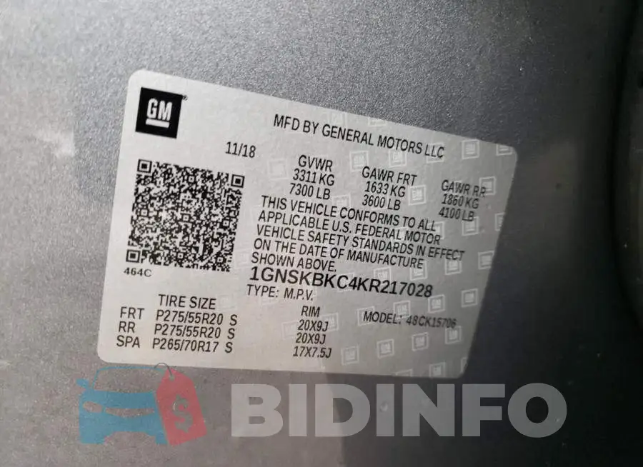 1GNSKBKC4KR217028 Photo# 12