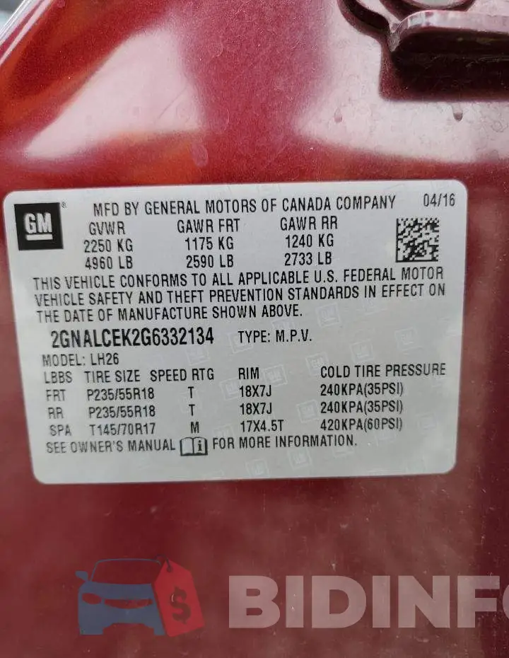 2GNALCEK2G6332134 Photo# 13